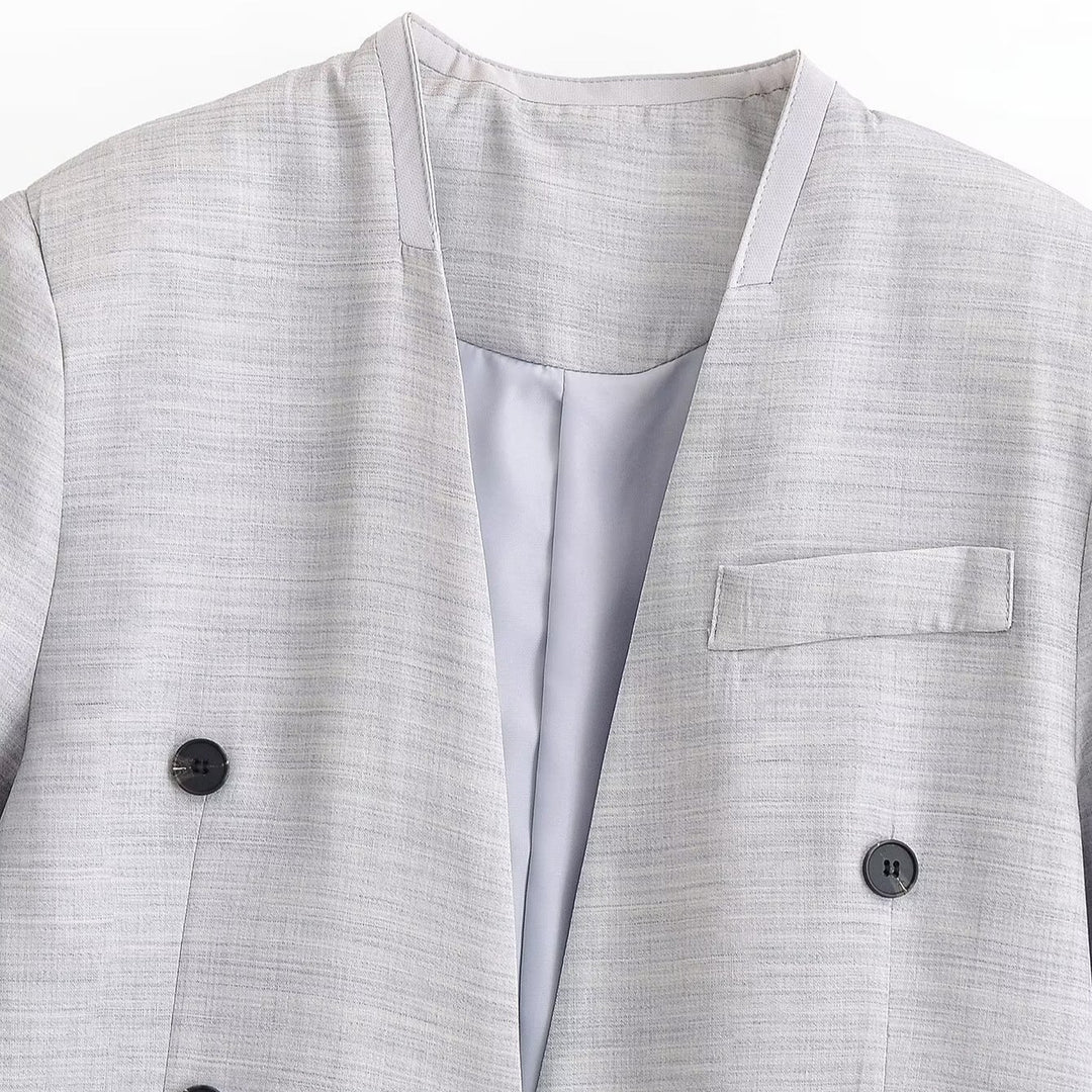 Damen Kurzblazer ohne Revers mit doppelreihiger Knopfleiste und kastiger Silhouette Nord Taschen