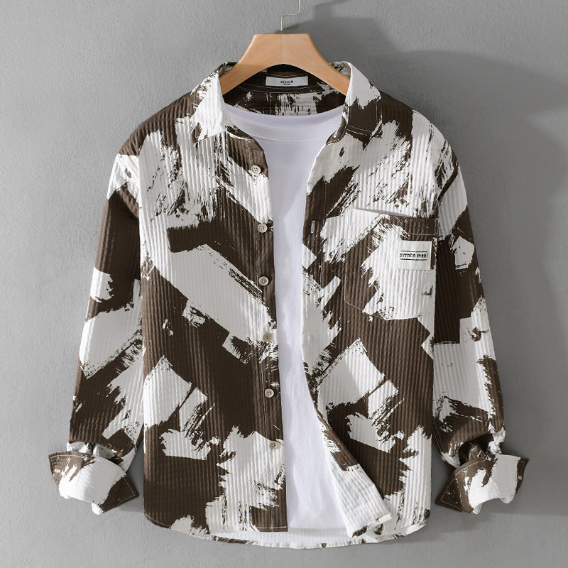 Herren Gekreppte Overshirt‑Hemdjacke mit abstraktem Pinselprint und Brusttasche Nord Taschen