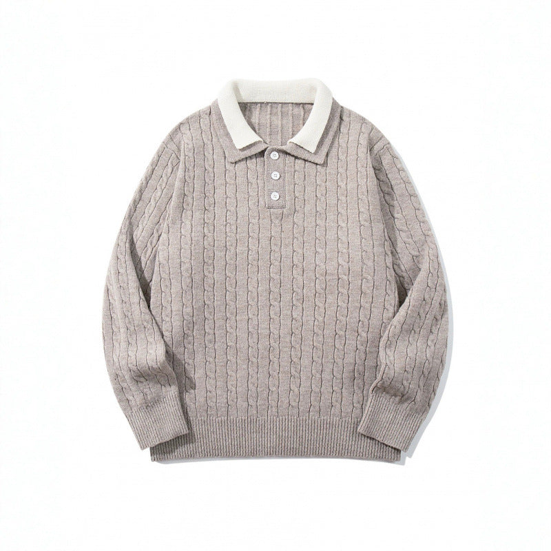 Herren Grobgestrickter Polokragen-Pullover mit Zopfmuster und Knopfleiste Nord Taschen