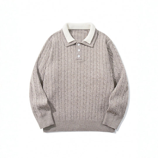 Herren Grobgestrickter Polokragen-Pullover mit Zopfmuster und Knopfleiste Nord Taschen
