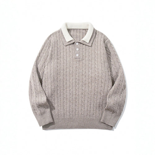 Herren Grobgestrickter Polokragen-Pullover mit Zopfmuster und Knopfleiste Nord Taschen