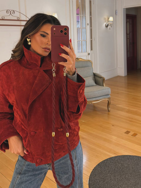 Damen gekürzte Velourslederjacke mit hohem Kragen und doppelreihiger Knopfleiste Nord Taschen