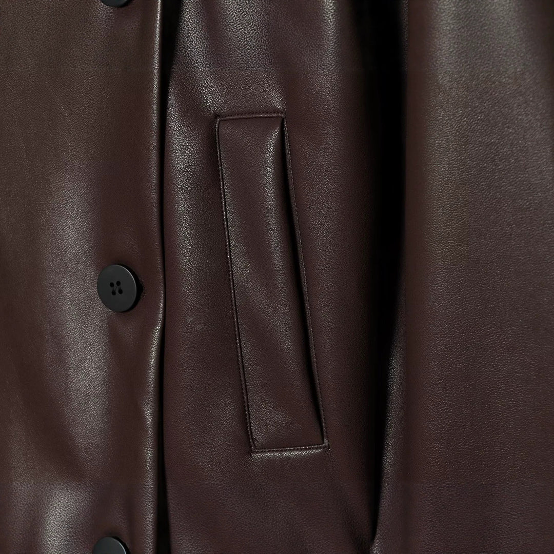 Damen Kurz geschnittene doppeltreihige Kunstlederjacke im Boxy‑Schnitt mit Hemdkragen Nord Taschen