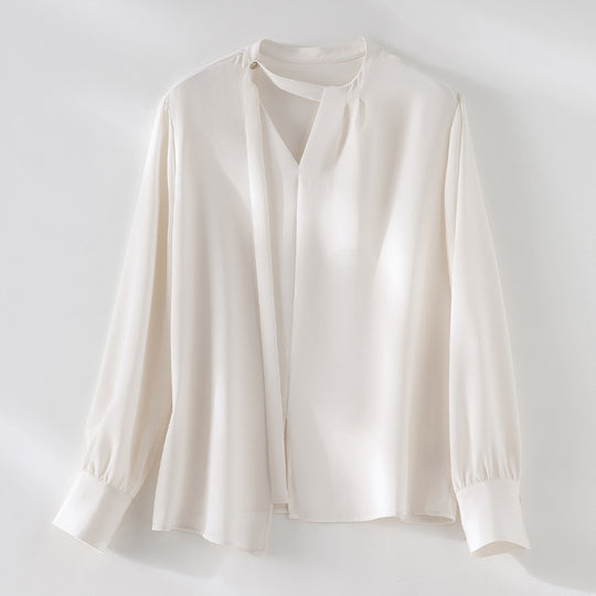 Damen elegante oversized Bluse mit asymmetrischem V-Ausschnitt und Manschetten Nord Taschen