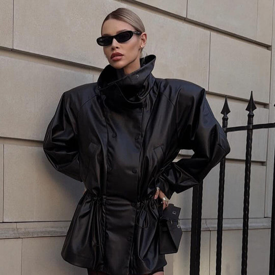 Damen Oversize Kunstleder-Parka mit hohem Stehkragen und verstellbarem Kordelzug Nord Taschen