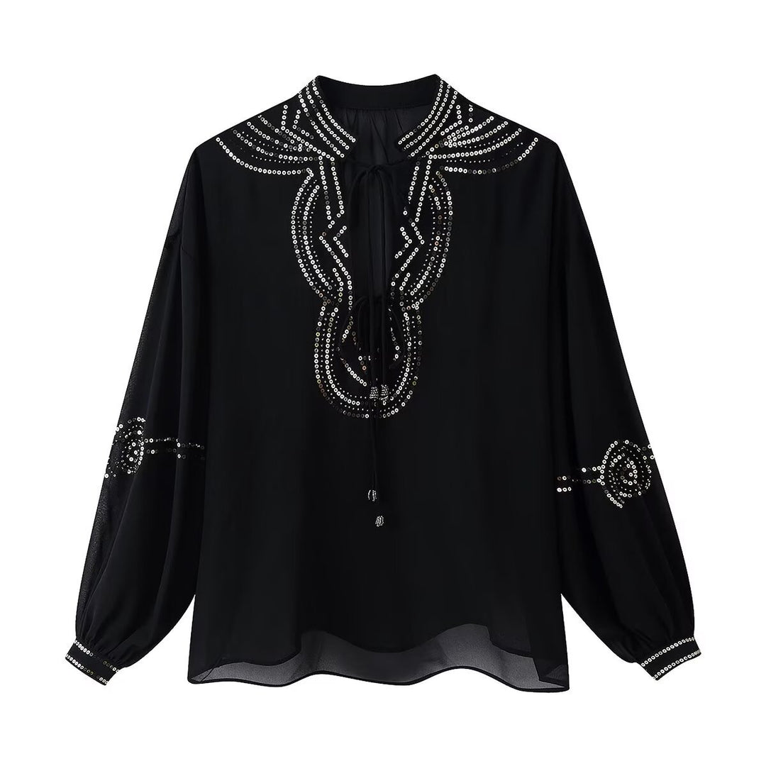 Damen Chiffonbluse mit Paillettenbesatz, Ballonärmeln und Bindekragen Nord Taschen
