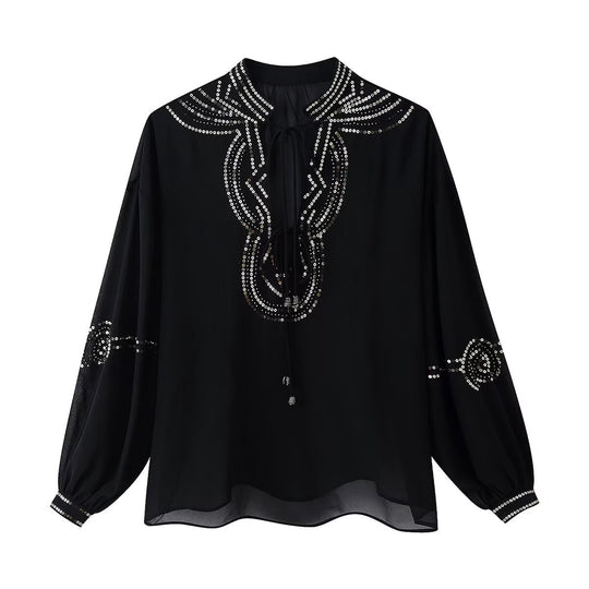 Damen Chiffonbluse mit Paillettenbesatz, Ballonärmeln und Bindekragen Nord Taschen