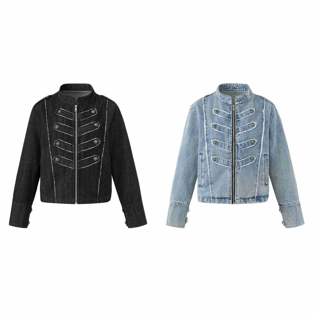 Damen Denim‑Blouson im Military‑Look mit Stehkragen und Zierknopfleiste Nord Taschen