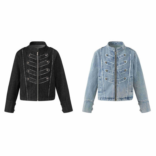 Damen Denim‑Blouson im Military‑Look mit Stehkragen und Zierknopfleiste Nord Taschen