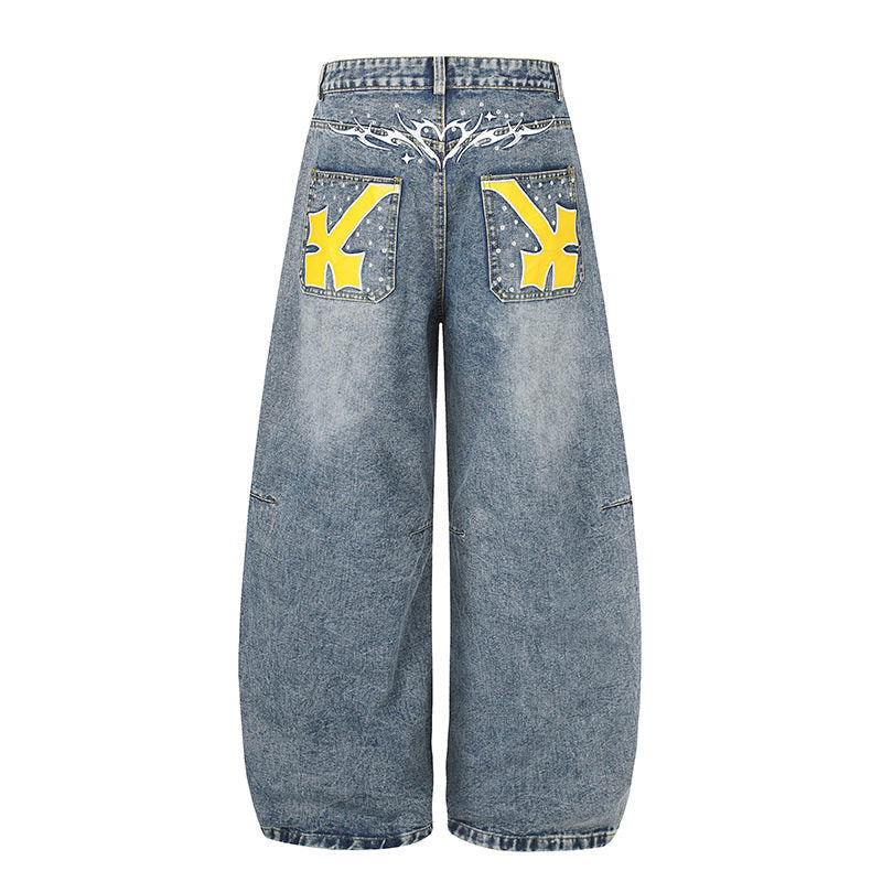 Damen Extraweite High‑Waist Palazzo-Jeans mit verzierten Gesäßtaschen Nord Taschen