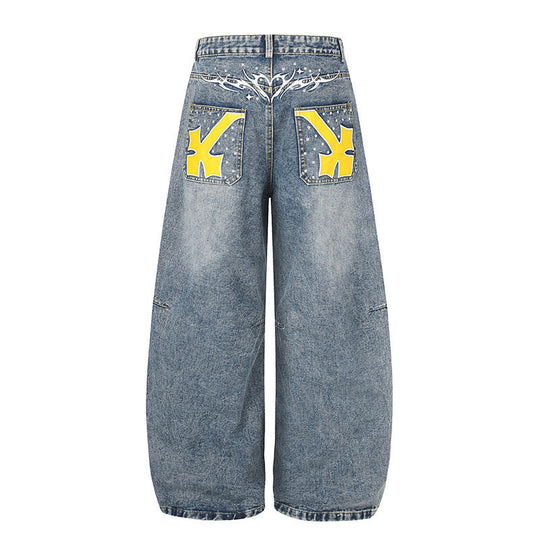 Damen Extraweite High‑Waist Palazzo-Jeans mit verzierten Gesäßtaschen Nord Taschen