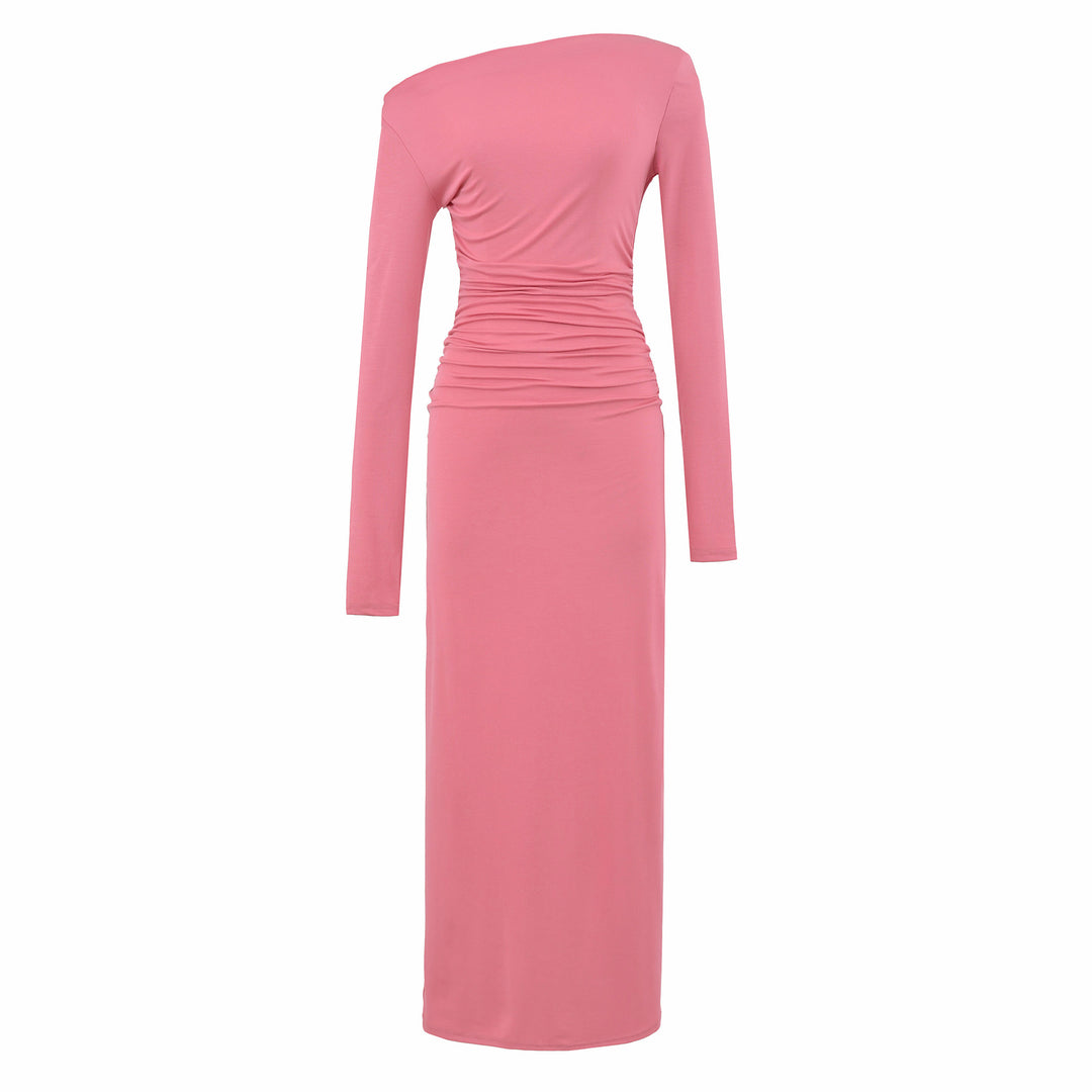 Damen Einschulter-Midikleid mit Langarm und seitlicher Raffung Nord Taschen