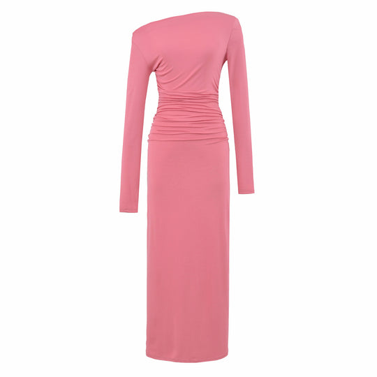 Damen Einschulter-Midikleid mit Langarm und seitlicher Raffung Nord Taschen