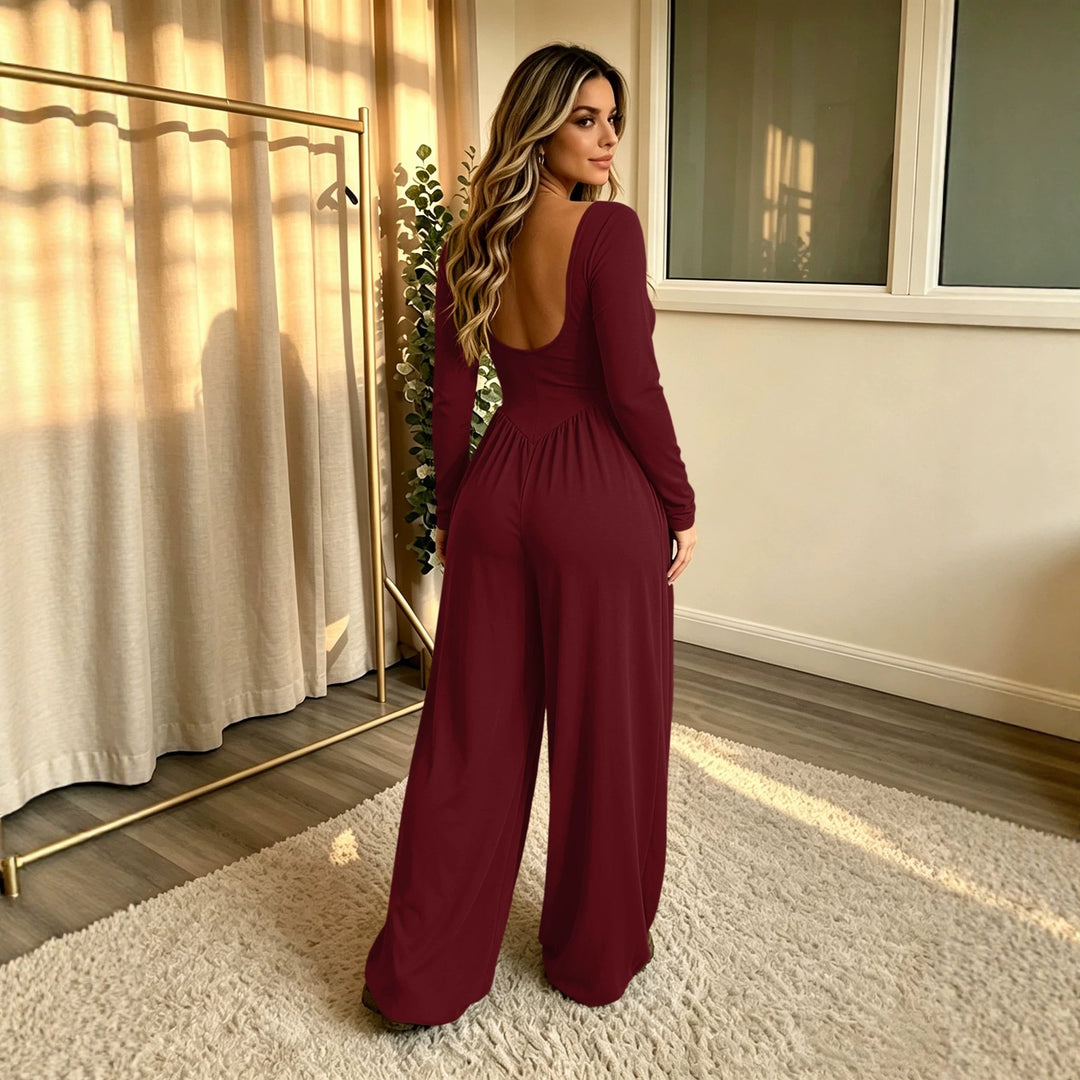 Damen Langer Jumpsuit mit weitem Bein, tiefem Rundhals und Eingrifftaschen Nord Taschen