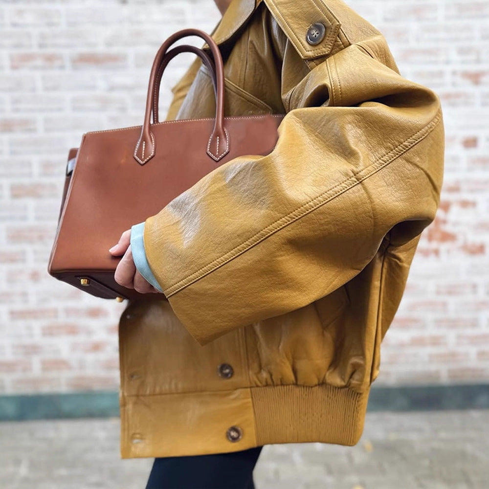 Damen Oversize Lederjacke mit voluminösen Ballonärmeln und kurzer Boxy-Silhouette Nord Taschen