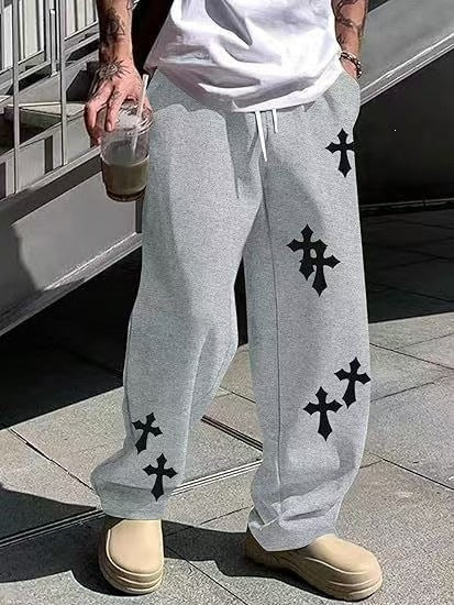 Herren Weite Sweatpants mit Gothic-Kreuz-Print, Tunnelzug & Tiefer Schritt Nord Taschen