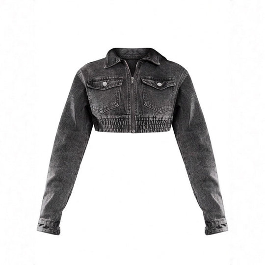 Damen Cropped-Denim-Set aus Jacke und Midirock mit Reißverschluss, elastischem Bund & Cargo-Taschen Nord Taschen
