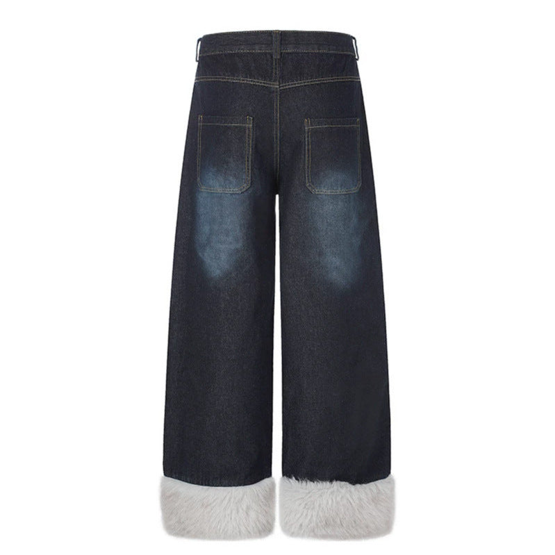 Damen weite hochgeschnittene Denim-Palazzohose mit Karopatchtasche und Kunstfellbesatz am Saum Nord Taschen