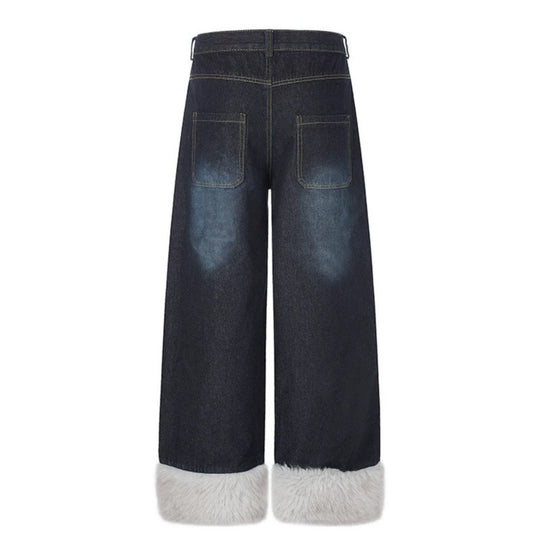 Damen weite hochgeschnittene Denim-Palazzohose mit Karopatchtasche und Kunstfellbesatz am Saum Nord Taschen