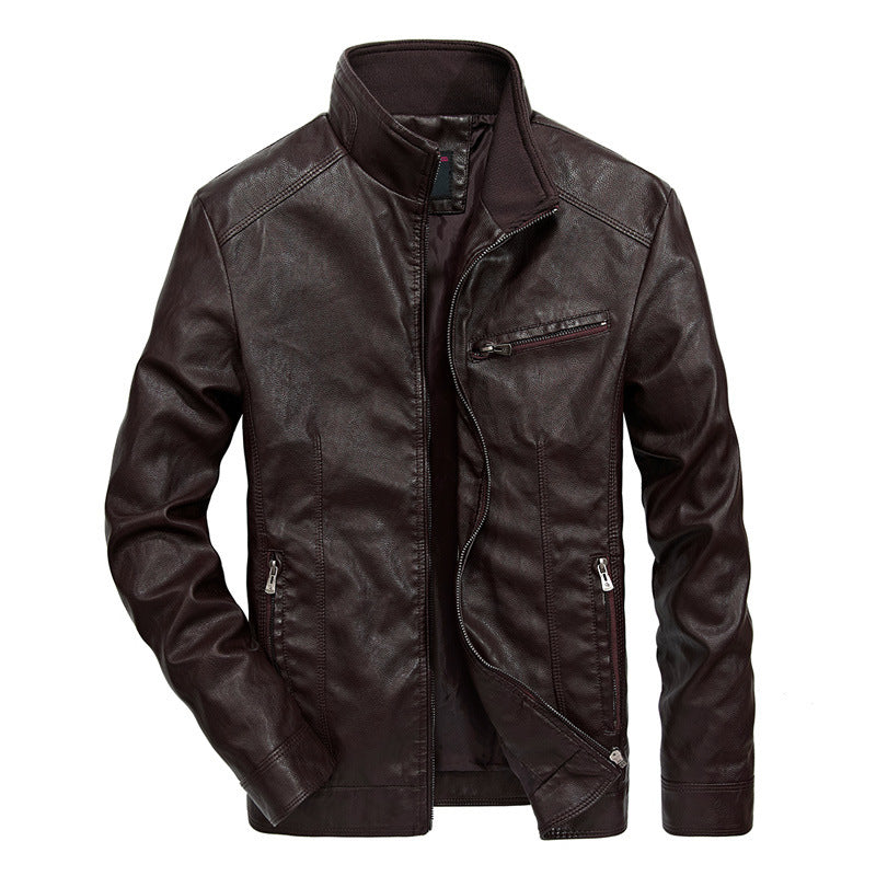 Herren Slim-Fit Kunstleder-Motojacke mit Stehkragen, Reißverschluss-Taschen und verstärkter Nahtführung Nord Taschen