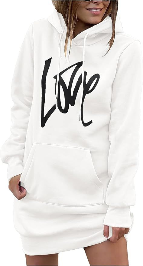 Damen Fleece-Kapuzenkleid mit Kängurutasche, Daumenlochärmeln und Oversize-Sweatshirt-Schnitt Nord Taschen