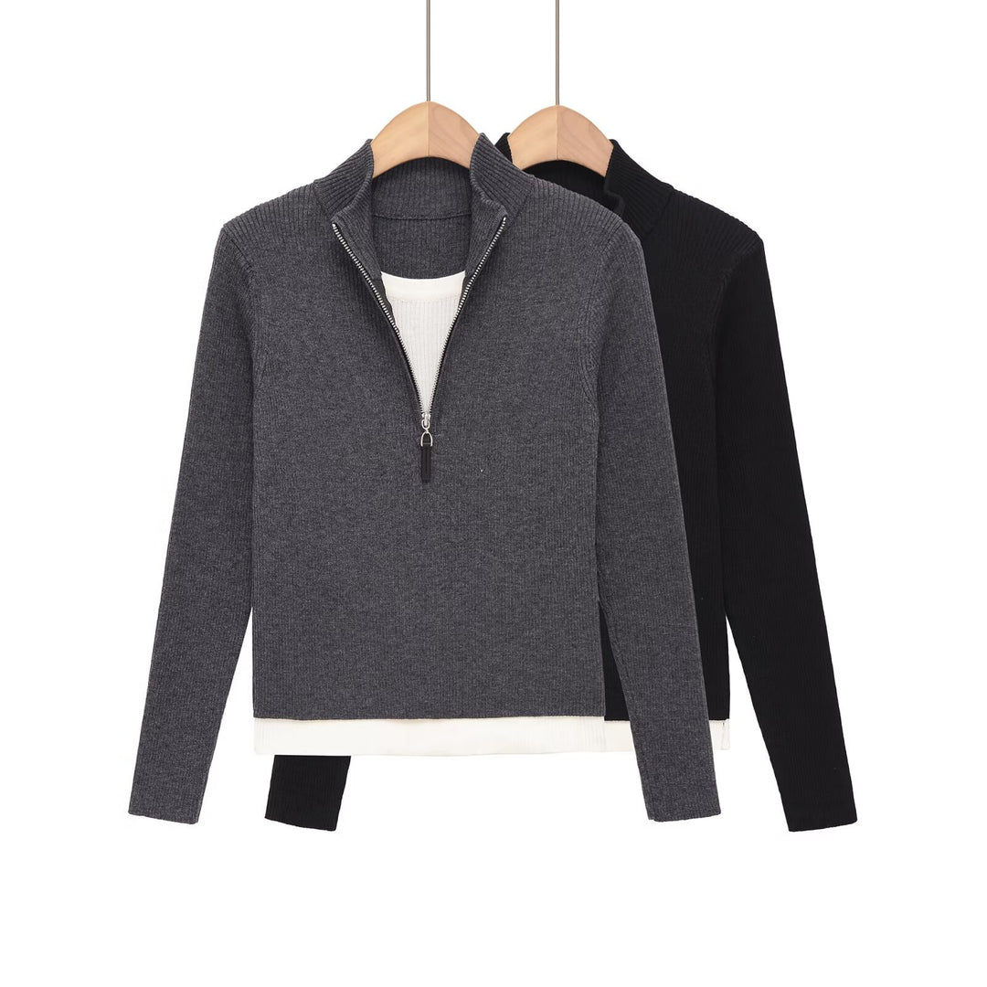 Damen Feinstrickpullover mit halbem Reißverschluss, Stehkragen und Lagenlook-Saum Nord Taschen