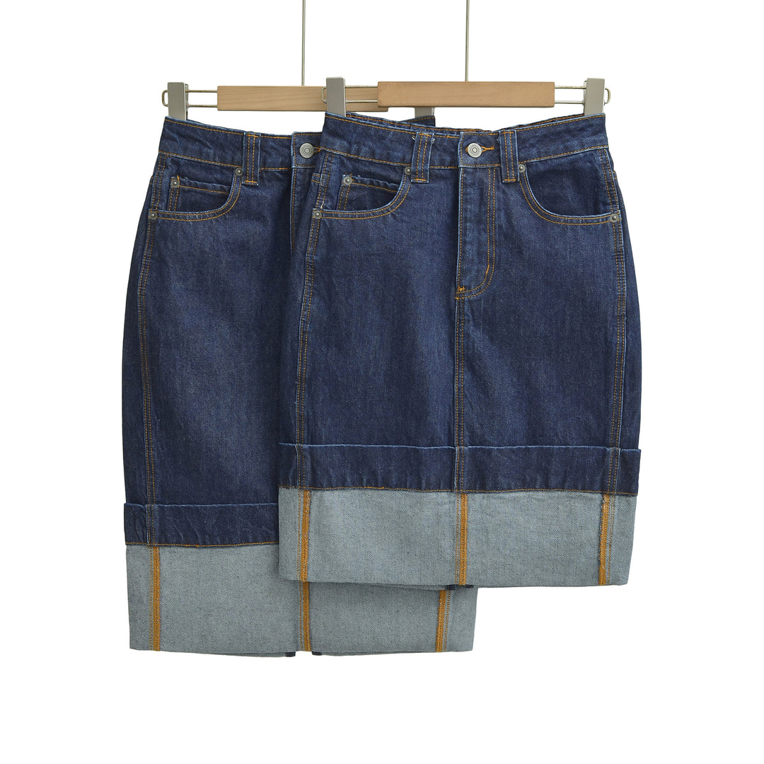 Damen Hochtaillierter Midirock aus Denim mit sichtbaren Nähten und umgeschlagener Saum Nord Taschen