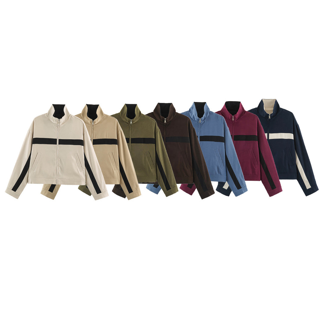 Damen Boxy-Cropped-Übergangsjacke mit Stehkragen, kontraststreifen und Eingrifftaschen Nord Taschen