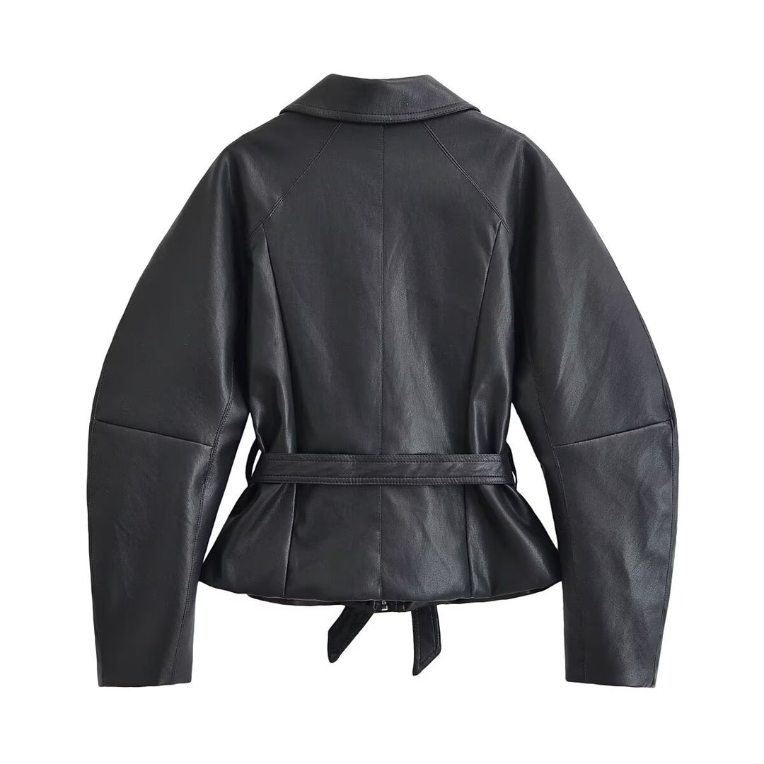 Damen Taillierte Lederoptik‑Jacke mit Bindegürtel und Raglanärmeln Nord Taschen