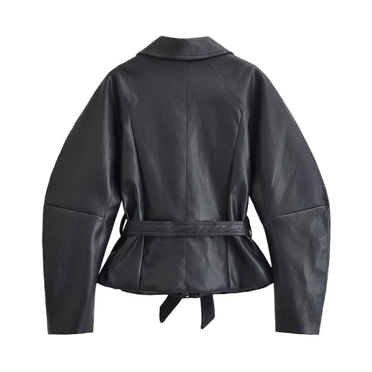 Damen Taillierte Lederoptik‑Jacke mit Bindegürtel und Raglanärmeln Nord Taschen