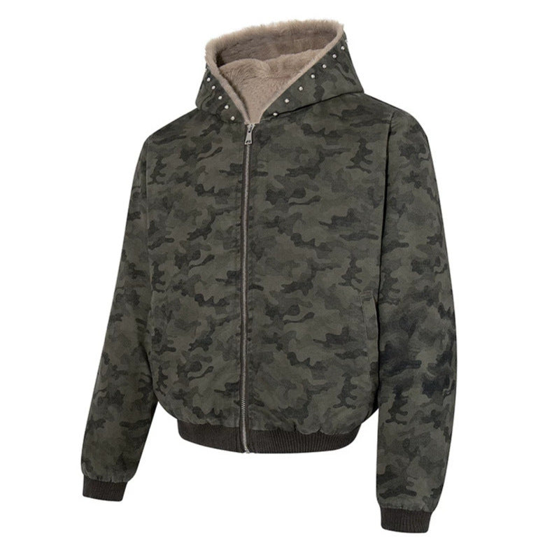 Damen gefütterte Camouflage-Bomberjacke mit Teddy-Innenfutter, Kapuze und Rippbündchen Nord Taschen