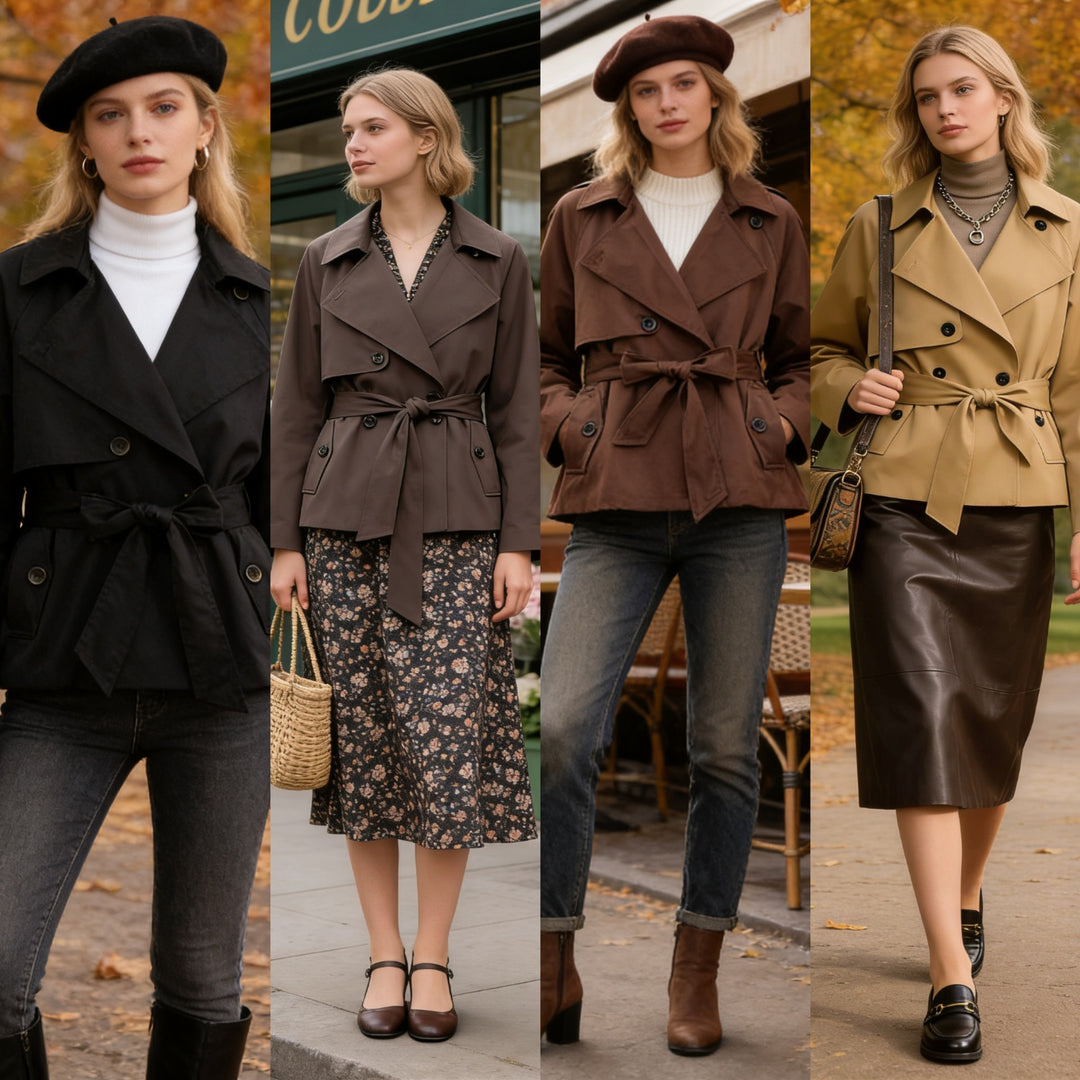 Damen Gekürzte Taillengürtel-Trenchjacke mit breitem Revers und Pattentaschen Nord Taschen