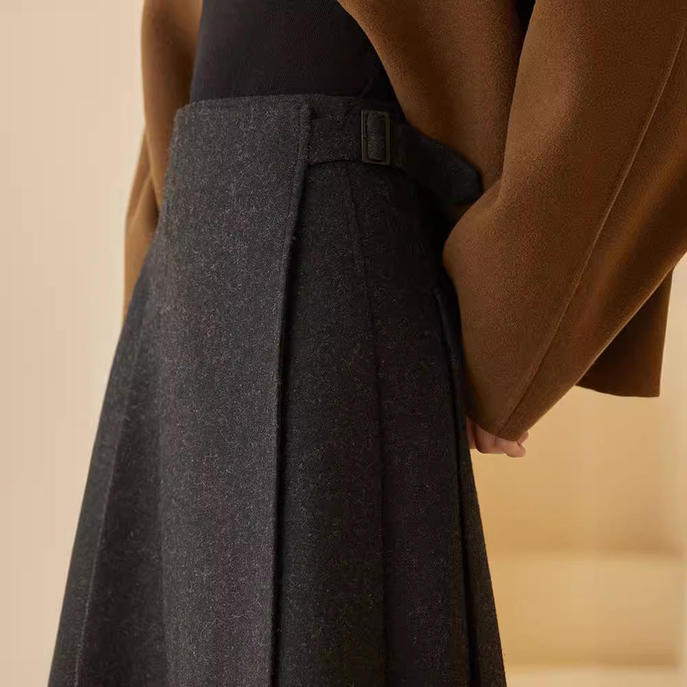 Damen Taillenhoher Midi-A-Linienrock aus Wollmix mit eingelegten Falten und Zierlasche Nord Taschen