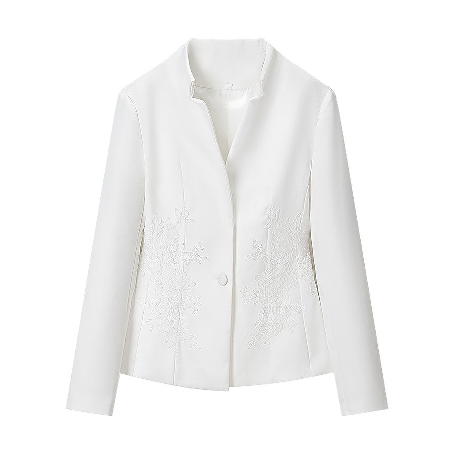 Damen Taillierter Blazer mit Stehkragen und floraler Stickerei Nord Taschen