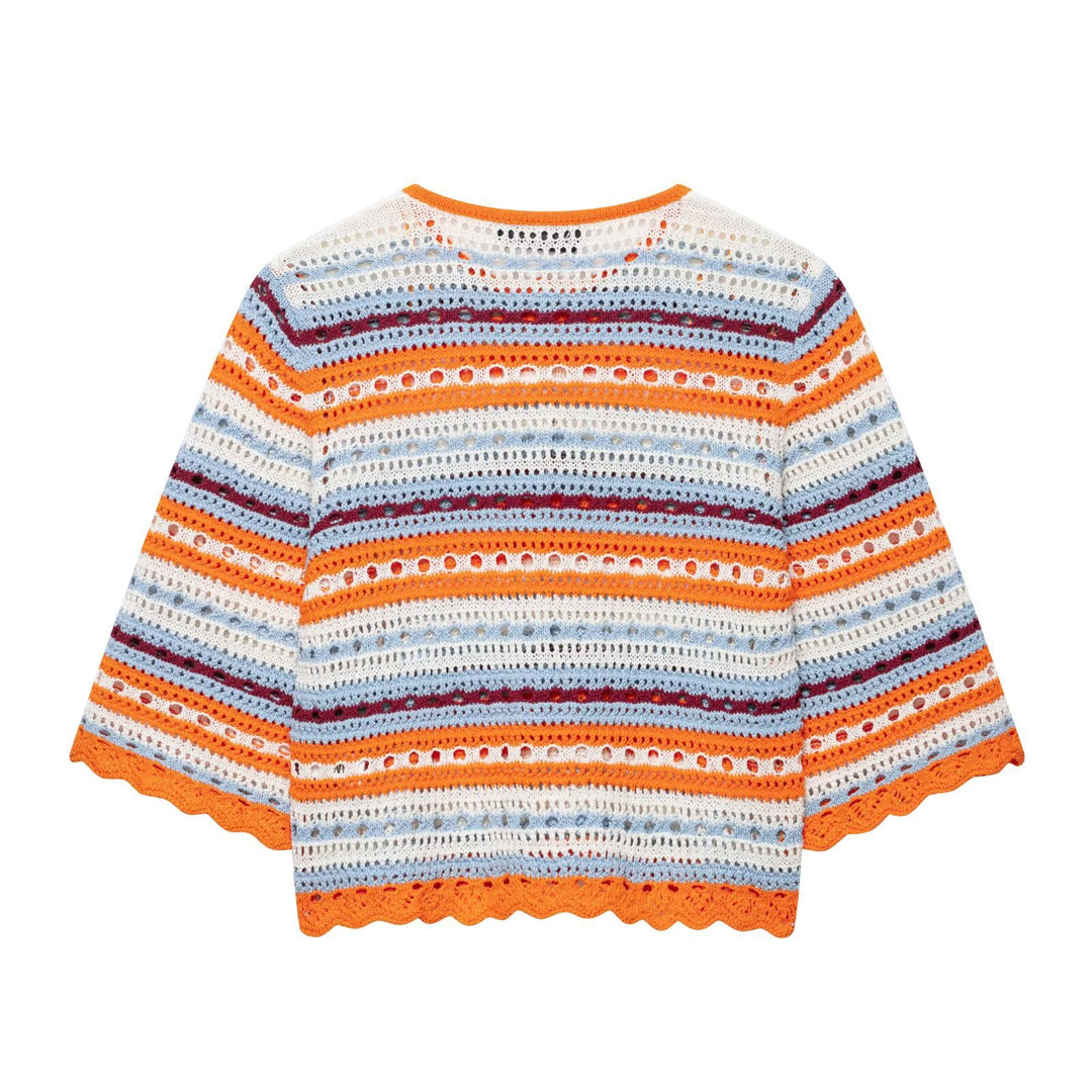 Damen Häkel-Cardigan Kurzarm mit Knopfleiste und Streifenstruktur Nord Taschen