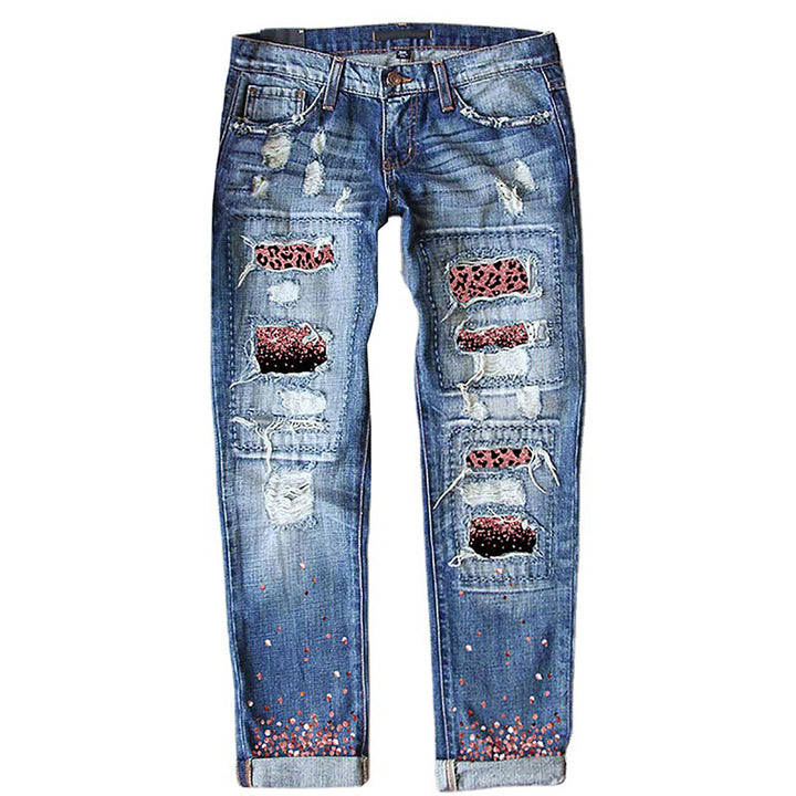 Damen verwaschene schmale Jeans mit Leopardenpatches und Glitzerbesatz Nord Taschen