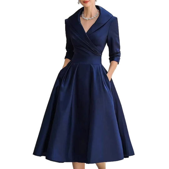 Damen Elegantes Satin-Midikleid mit Wickeloberteil, mittellangen Ärmeln und Eingrifftaschen Nord Taschen