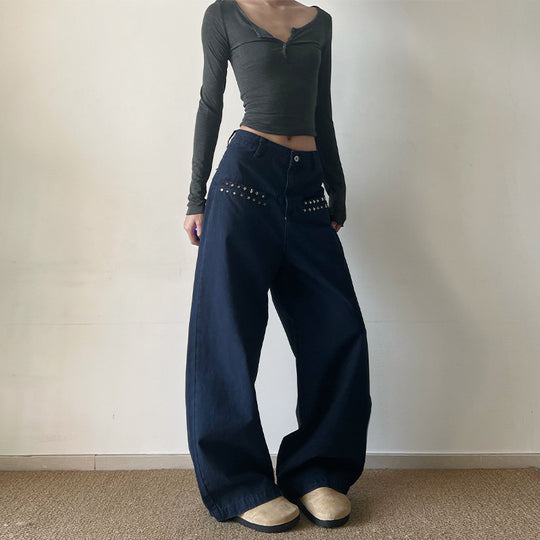 Damen Extraweite High‑Waist Baumwoll-Twill-Hose mit Nietenbesatz und Palazzoschnitt Nord Taschen