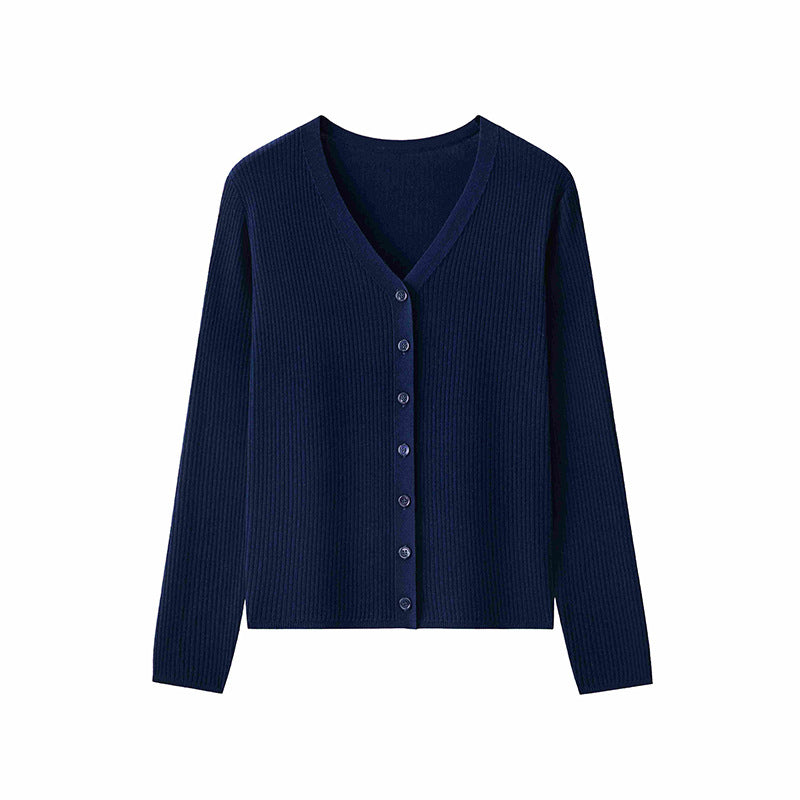 Damen Klassischer Feiner Rippen-Cardigan mit tiefem V-Ausschnitt und schmaler Silhouette Nord Taschen