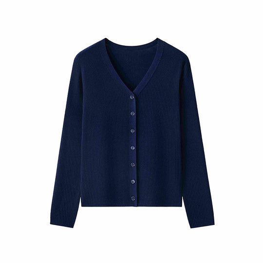 Damen Klassischer Feiner Rippen-Cardigan mit tiefem V-Ausschnitt und schmaler Silhouette Nord Taschen