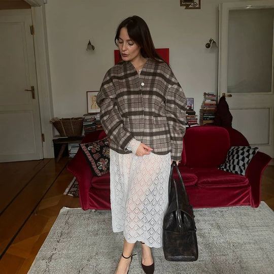 Damen Karierter Boxy‑Blazer mit voluminösen Ballonärmeln Nord Taschen