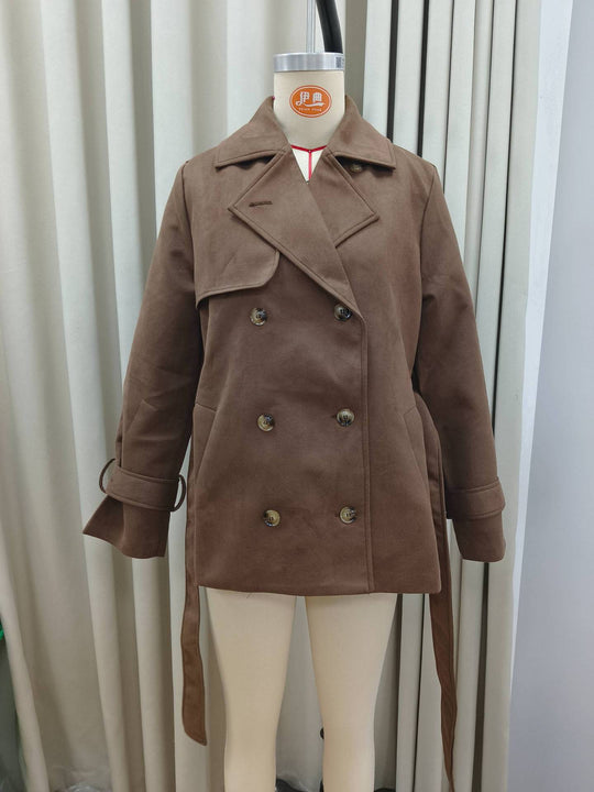 Damen Langer Doppelreihiger Trenchcoat aus Veloursleder-Optik mit Taillengürtel Nord Taschen