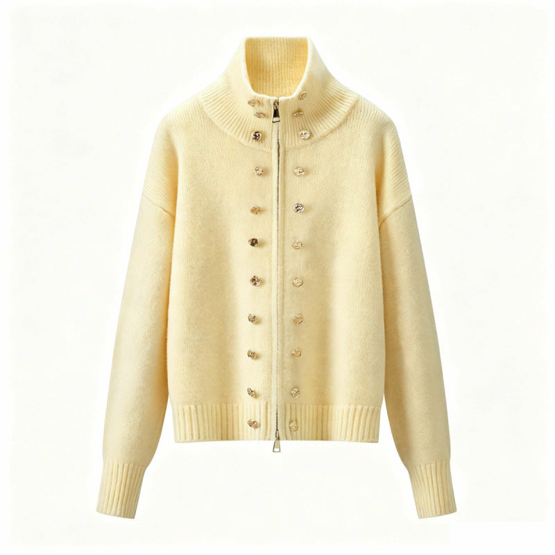 Damen Cropped Strickjacke mit hohem Stehkragen, Zierknopfleiste und Doppelreißverschluss Nord Taschen