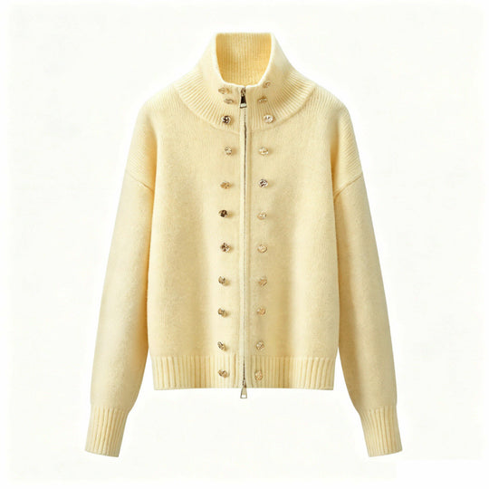 Damen Cropped Strickjacke mit hohem Stehkragen, Zierknopfleiste und Doppelreißverschluss Nord Taschen