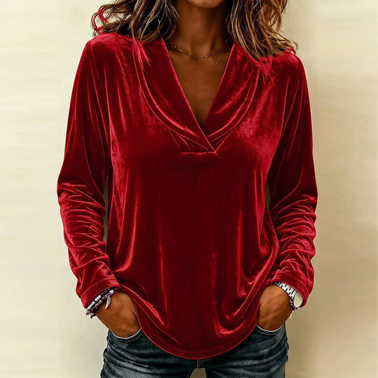 Damen Velours-Longsleeve mit tiefem Schalkragen und gerundetem Saum Nord Taschen