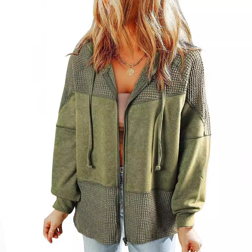 Damen Lässige Oversize-Kapuzenjacke mit Strukturstrick-Einsätzen und Reißverschluss Nord Taschen