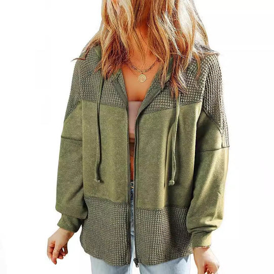 Damen Lässige Oversize-Kapuzenjacke mit Strukturstrick-Einsätzen und Reißverschluss Nord Taschen