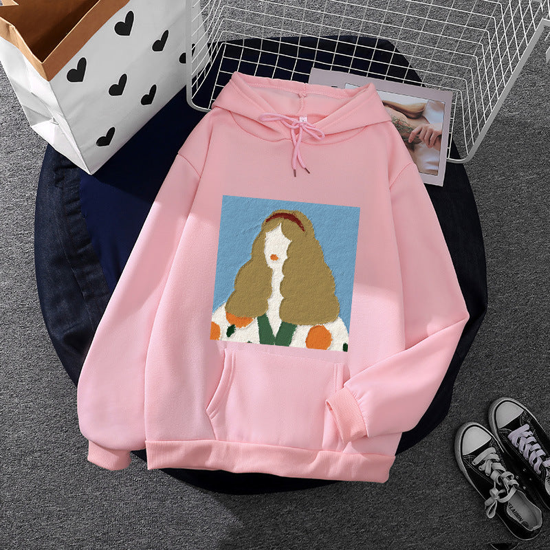 Damen nan Kapuzenpullover mit kunstvoller Chenille-Stickerei im Portraitstil und Kängurutasche Nord Taschen