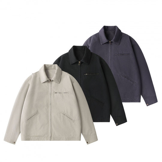 Unisex Kastenförmige Kurzjacke im Worker-Blouson-Stil mit Hemdkragen und verdecktem Reißverschluss Nord Taschen