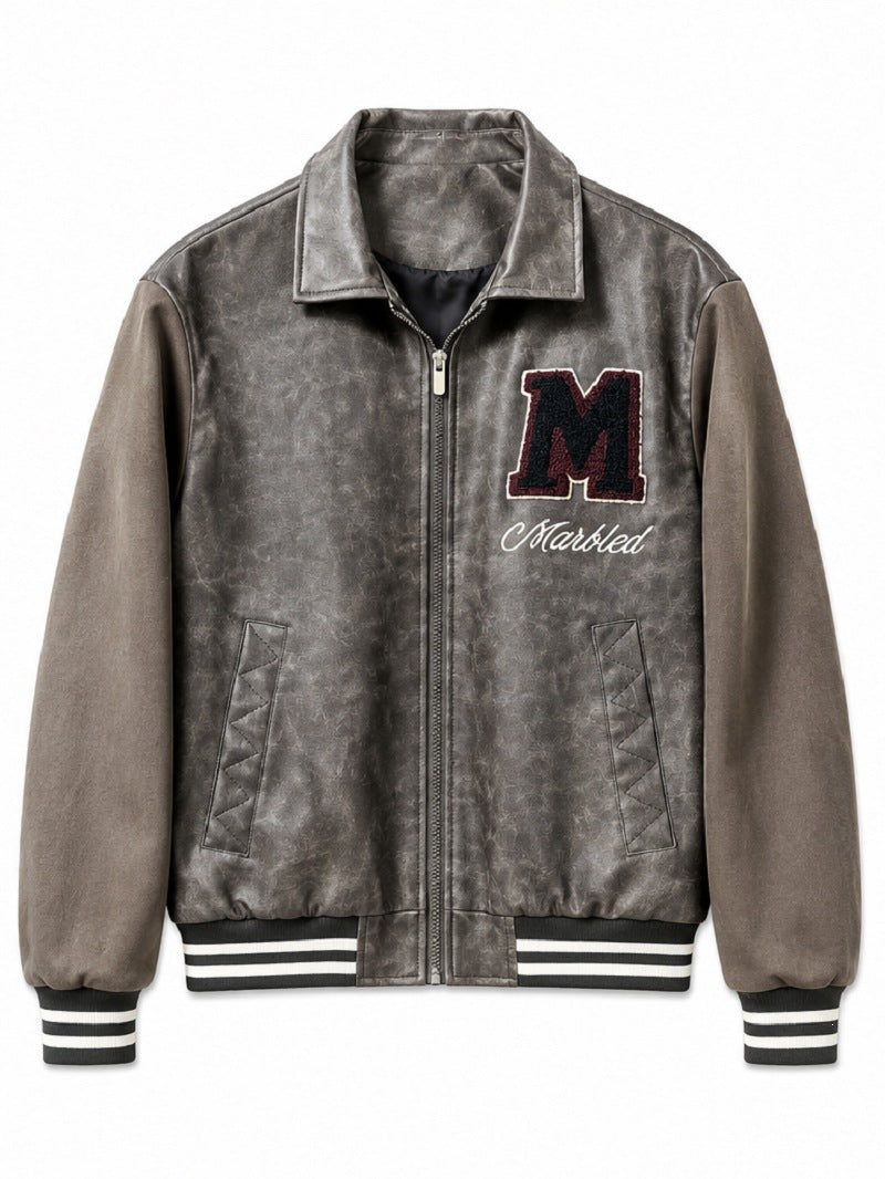 Herren Varsity-Bomberjacke im Vintage-Lederlook mit Chenille-Emblem Nord Taschen